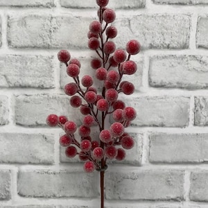 May include: A decorative artificial floral stem featuring numerous round red berries covered in a fine, frosted white texture. The berries are attached to thin, dark brown branching stems that extend from a single main stalk at the base.