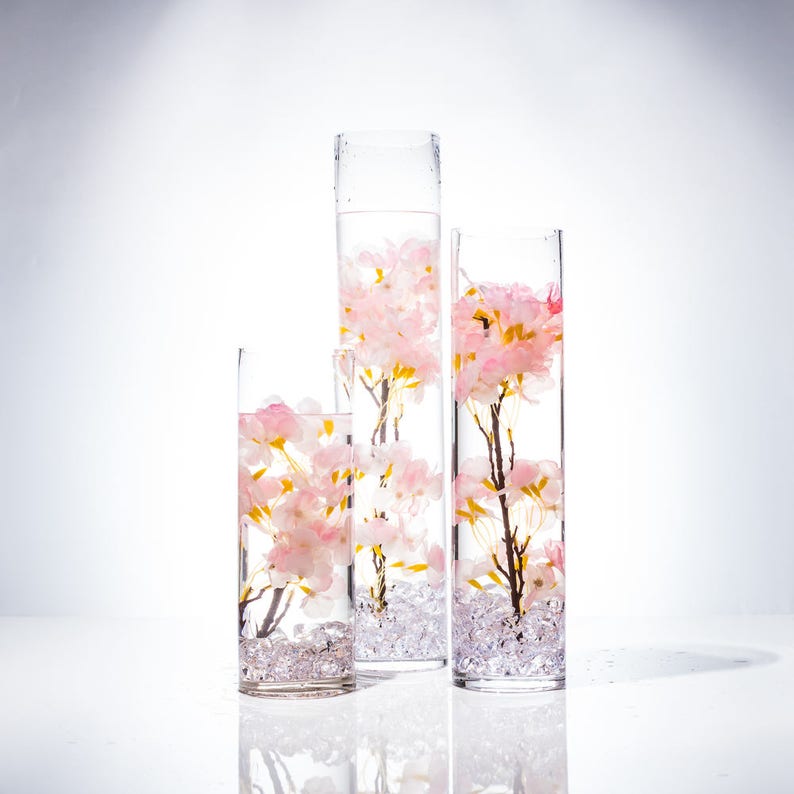 Submersible Pink, White, Blue, turquiose Cherry Blossom Floral Wedding Centerpiece with Floating Candles and Acrylic Crystals Kit image 3