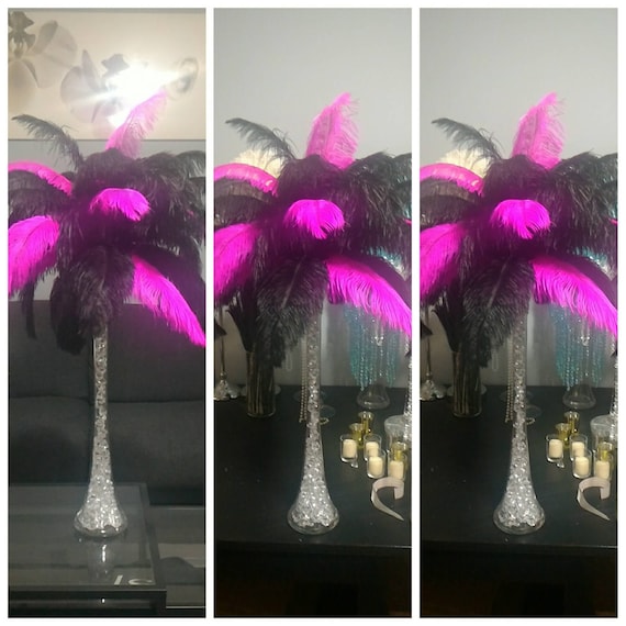 Black and Hot Pink Ostrich Feather Centerpiece With Eiffel Tower