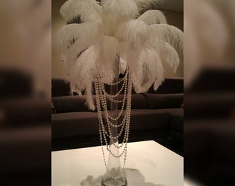 Ostrich Feather Centerpiece with Acrylic and Pearl Garlands for a Vintage Roaring 20's Look!