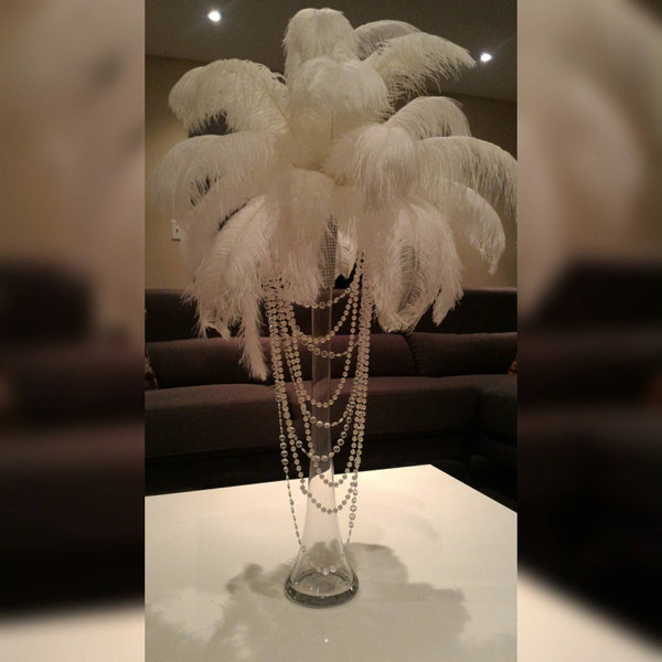 Ostrich Feather Centerpiece with Acrylic and Pearl Garlands for a Vintage Roaring 20's Look!