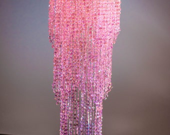 28" Pink Iridescent Bead Chandelier Wedding Centerpiece Acrylic Crystal Diamond cut 3Tier