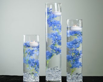 Submersible Blue, White, Pink, Turquoise Cherry Blossom Floral Wedding Centerpiece with Floating Candles and Acrylic Crystals Kit