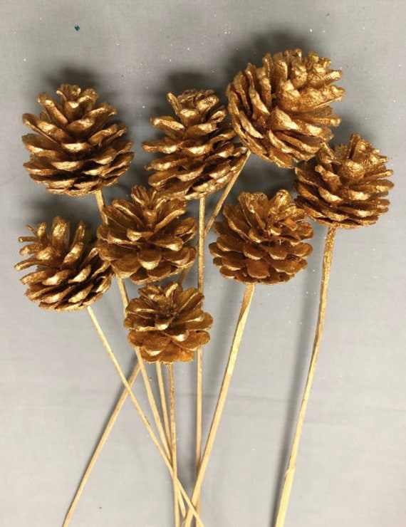 Gold Glitter Pinecone on Stick - Single Stem Gold Glitter Pinecone on Stick - Single Stem