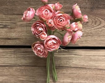 11" PINK Ranunculus 6pc Bouquet/Floral Spray/Florals/ Wedding/ White/ Outdoor Wedding Greenery/Centerpiece Decor/Faux Flowers/Roses