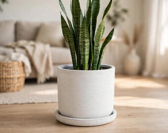 Round Ficonstone Pot with Saucer White 16.5x15.1 Inch | Large Stone-Look Planter Set | Patio Garden Pot
