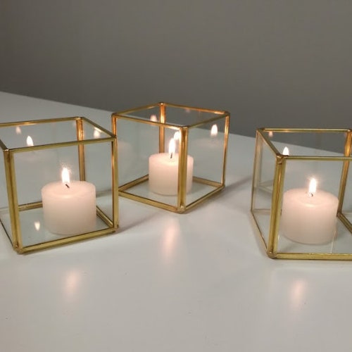GOLD BLACK 20" tall Geometric Cube Stand Glass Votive Candle Holders Decorations 