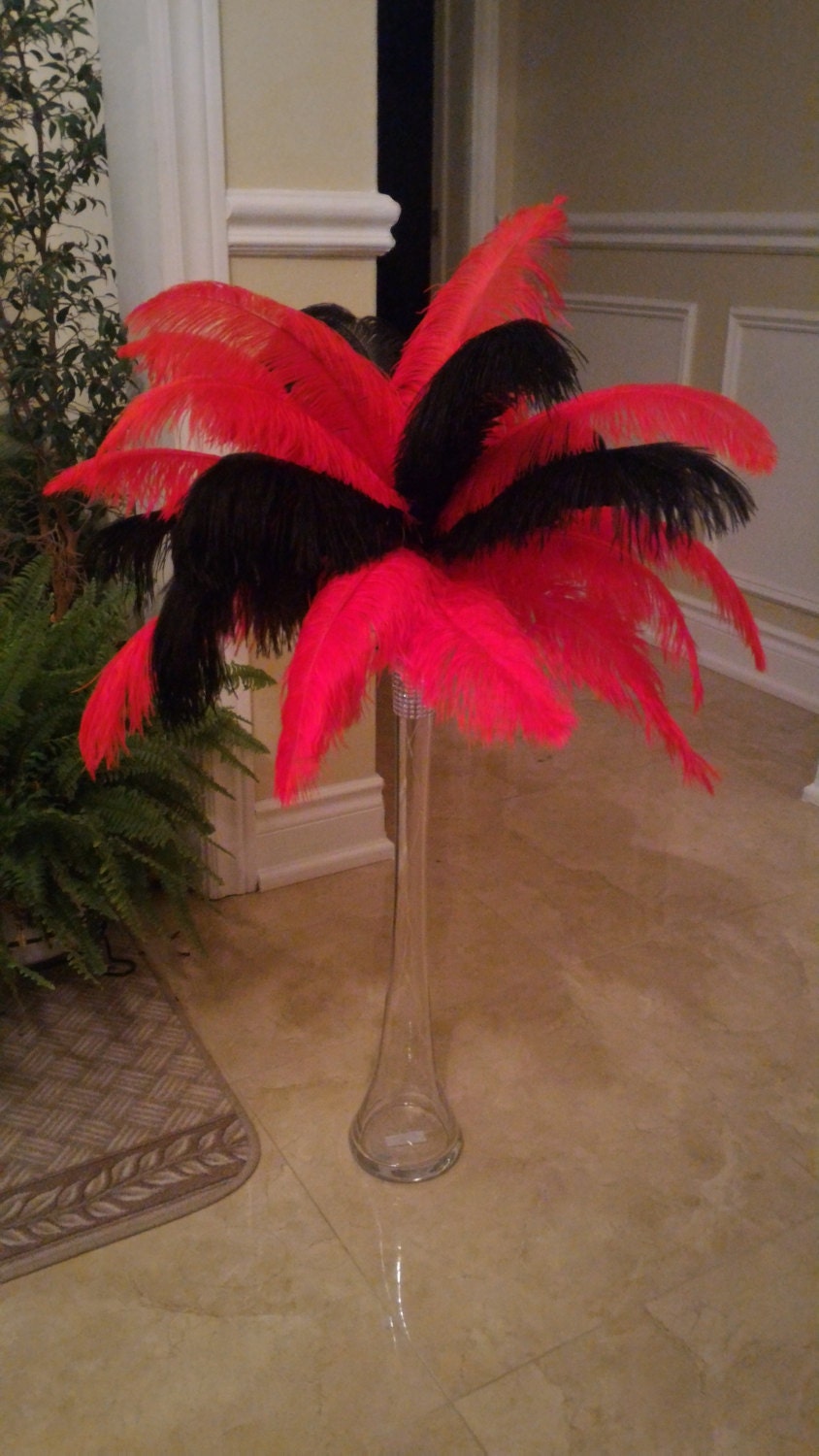 Casino Style Red and Black Ostrich Feather Centerpiece With Fairy Lights -   Sweden