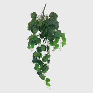 May include: Artificial hanging vine featuring varying shades of green leaves. The leaves are clustered at the top and cascade downwards. The vine is attached to a stem, creating a natural appearance. Ideal for adding greenery to any space.