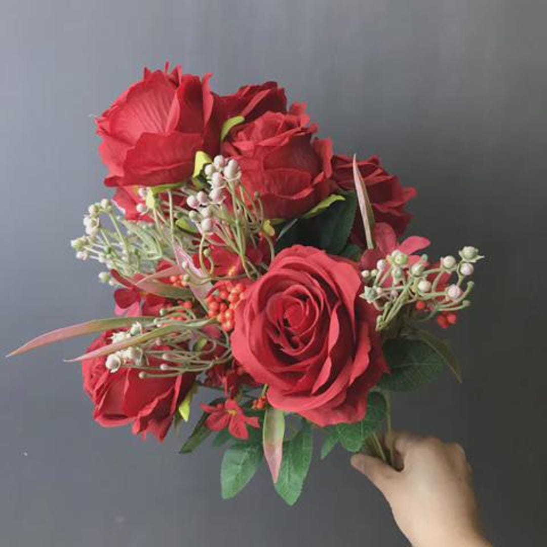Red Rose Bunch With Fillers, Realistic Silk Roses for Wedding ...