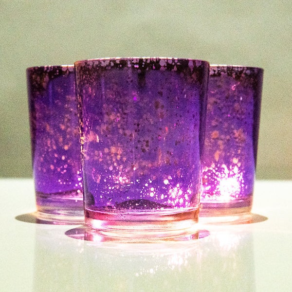 Set of 12 MERCURY GLASS Purple Speckled Glass Candle Holders Votive Holder Led Candleholder Tea Light Wedding 2.5 Winter Christmas