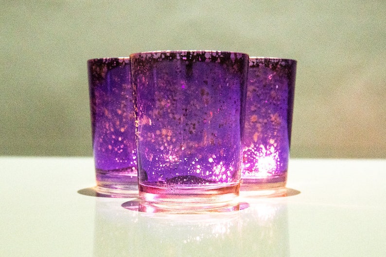 Set Of 12 Mercury Glass Purple Speckled Candle Holders Image 0