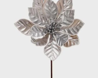 24" Silver & White Edge Metallic Poinsettia/Holiday Decor/Christmas Decor/Poinsettia Picks/Poinsettia Flowers/Poinsettia Plants