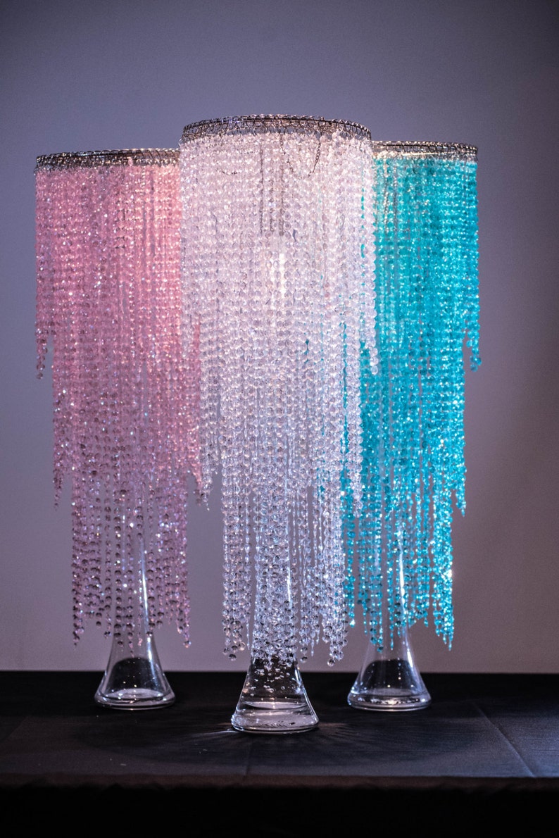 28 Iridescent Bead Chandelier Wedding Centerpiece Acrylic Crystal Diamond cut 3Tier image 4