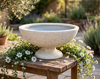 Round Ficonstone Urn Ivory 20x10.4 Inch | Wide Pedestal Bowl Urn Stone-Look Planter | Garden Centrepiece