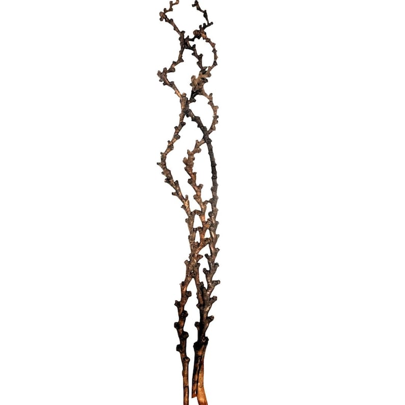 May include: A tall, slender, decorative branch with a complex, branching structure. The color is a mix of brown and bronze, with a textured surface. The branch has many small, twig-like protrusions along its length. The background is plain white.