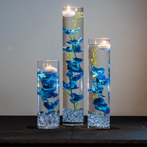 Submersible Blue/Purple/Pink/White/White with purple/Yellow Orchids Floral Wedding Centerpiece with Floating Candles and Acrylic Crystal Kit Blue