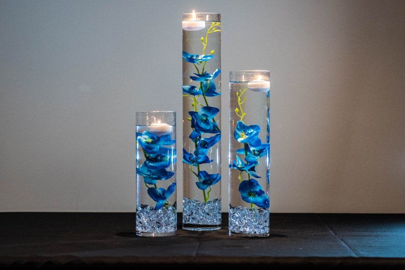 Submersible Blue/Purple/Pink/White/White with purple/Yellow Orchids Floral Wedding Centerpiece with Floating Candles and Acrylic Crystal Kit Blue