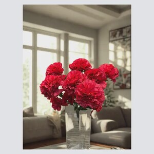 May include: A bouquet of vibrant red carnations in a clear glass vase. The flowers are in full bloom, with multiple layers of petals. The vase is rectangular and sits on a table in front of a window, with a couch in the background.