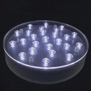 May include: A clear, circular LED light base with many small, white lights. The lights are arranged across the surface, producing a bright, illuminated effect. The base has a simple, modern design.