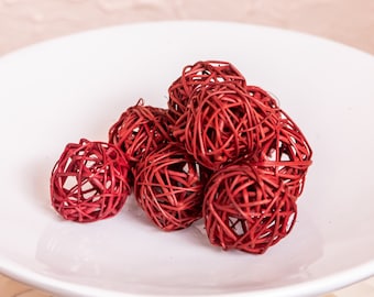 6 Red Decorative Balls for Bowls, Vase Fillers Orbs, Yarn Wrapped Spheres  for Tiered Tray, Dining Table Centerpiece, Rustic Holiday Decor. 