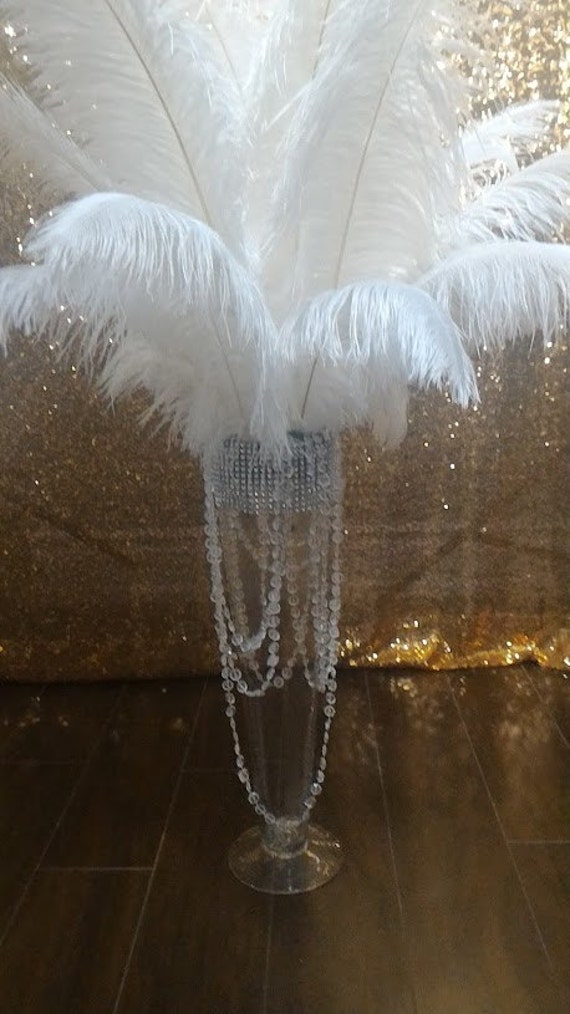 White Ostrich Feather Centerpiece 20 Trumpet Vase/with Crystal