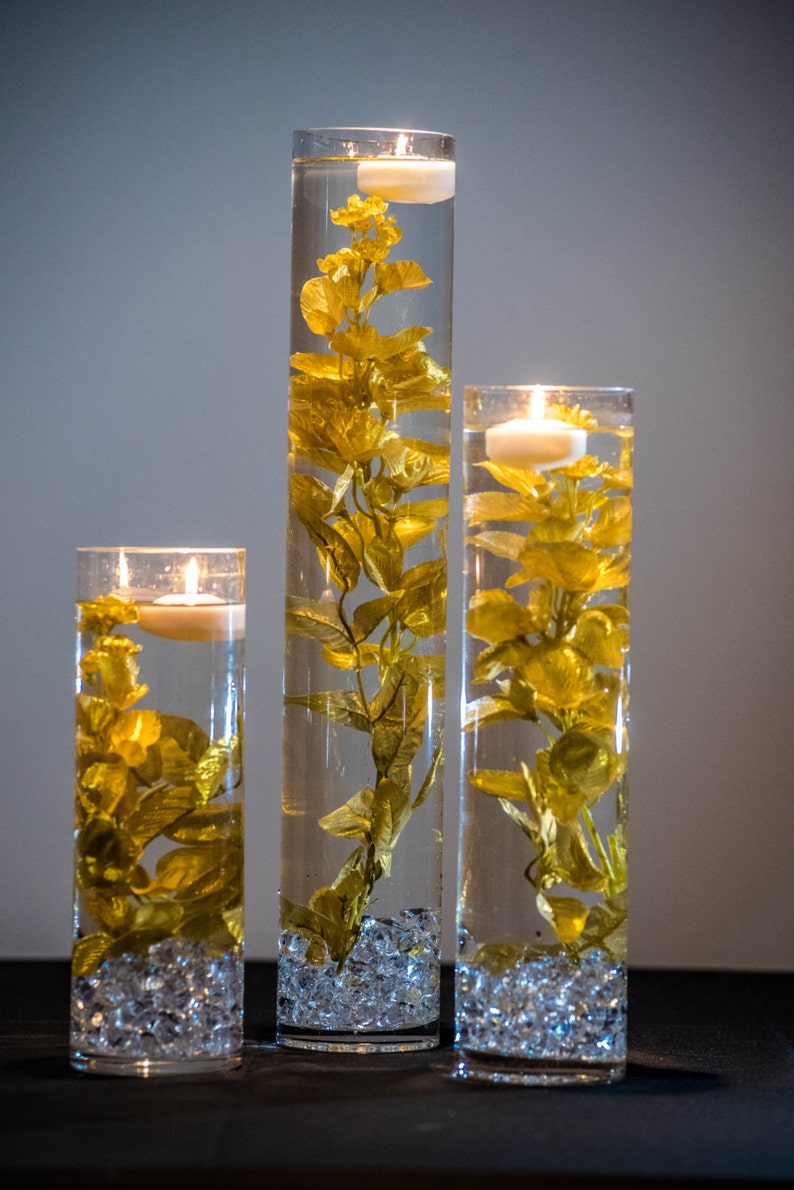 Submersible Gold Floral Wedding Centerpiece with Floating Candles and Acrylic Crystals Kit/ Perfect for Thanksgiving or Great Gatsby theme image 1