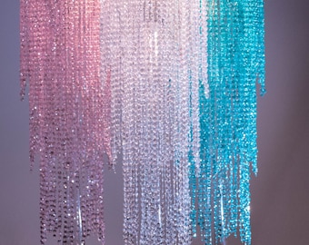 28" Pink/Blue/White Iridescent Bead Chandelier Wedding Centerpiece Acrylic Crystal Diamond cut 3Tier/ Flower Holder/ Kissing ball