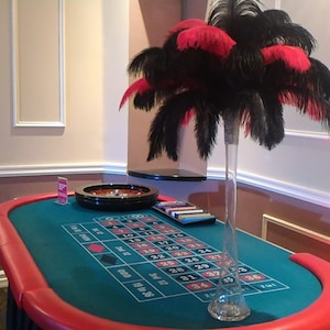 Casino Style Red and Black Ostrich Feather Centerpiece with Fairy Lights