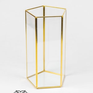 May include: A gold hexagonal glass vase with a clear glass interior. The vase is empty and has a polished gold finish.
