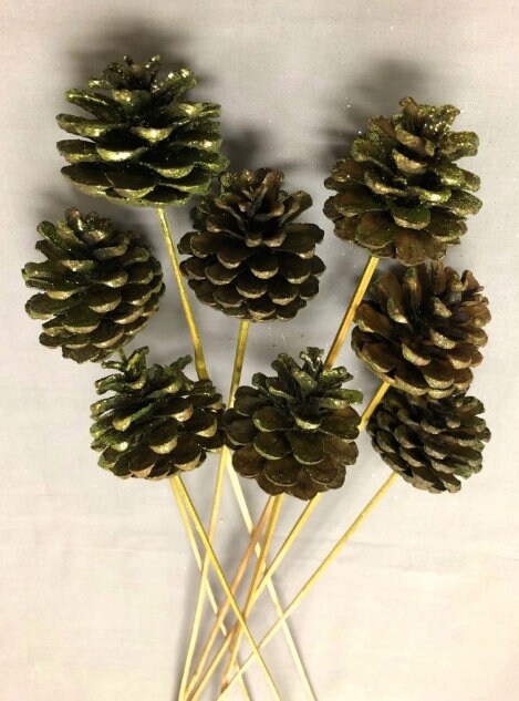 Vintage Glitter Pine Cone picks on sticks 18” long set-7 Green & Brown  Christmas