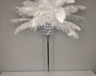 26" Square Crystal Chandelier Silver Stand/Ostrich Feather Centerpiece for Great Gatsby/Wedding/Old Hollywood/Glitz and Glam Theme