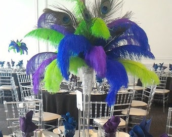 Peacock and Ostrich Feather Centerpiece for Peacock themed parties!