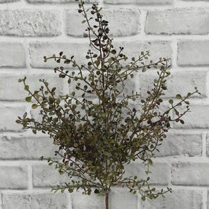 May include: A decorative artificial plant stem featuring numerous thin, branching twigs covered in small, rounded, dark green and brownish leaves. The plant has a central brown stalk that extends downward, supporting a dense, symmetrical arrangement of foliage.