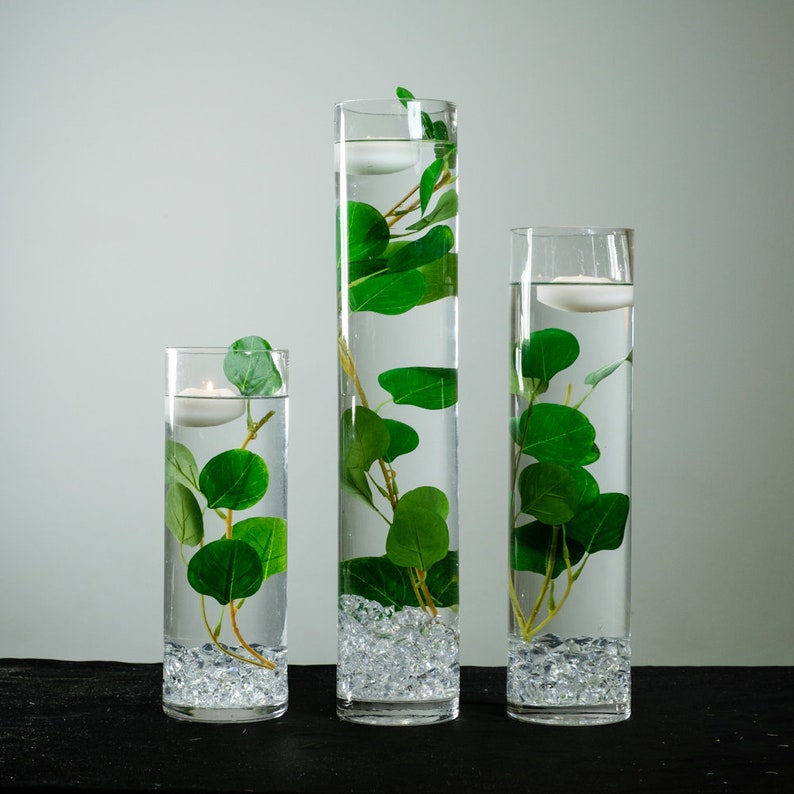 Submersible Green Tebery Stems Floral Wedding Centerpiece with Floating Candles and Acrylic Crystals Kit