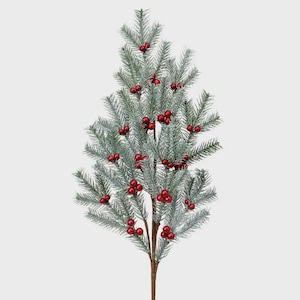 May include: A faux Christmas tree branch with frosted green needles and bright red berries. The branch has a natural brown stem and is designed for holiday decorating. The artificial tree branch is a festive accent for seasonal displays.