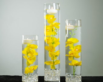 Submersible Yellow/White/White with Purple/Blue/Pink/Purple Orchid Floral Wedding Centerpiece with Floating Candles and Acrylic Crystals Kit