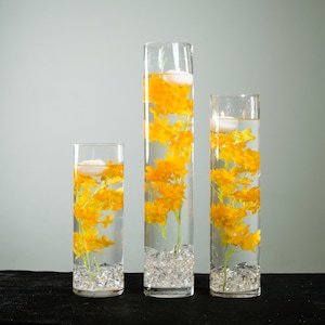 Submersible Yellow Cherry Blossom Floral Wedding Centerpiece with Floating Candles and Acrylic Crystals Kit