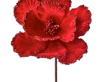 24" Red Velvet Glitter Edge Magnolia/Holiday Decor/Christmas Decor/Poinsettia Picks/Poinsettia Flowers/Poinsettias/Wedding