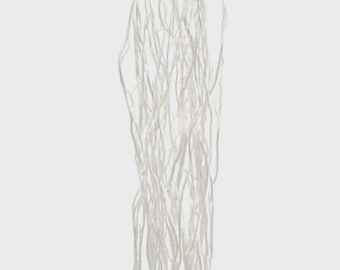 May include: A vertical arrangement of thin, white, textured strands against a white background. The strands appear to be delicate and slightly twisted, creating a wispy, ethereal effect. The overall impression is one of natural, organic material.