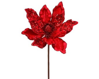 24" Red Glitter Edge Magnolia/Holiday Decor/Christmas Decor/Poinsettia Picks/Poinsettia Flowers/Poinsettias/Wedding