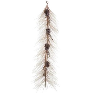 May include: A decorative garland featuring a series of brown pine cones and long, thin, light-colored needles. The garland is suspended from a metal loop at the top, perfect for seasonal decor.