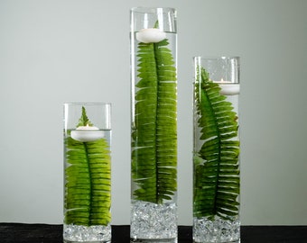 Submersible Evergreen Leaf Fern Floral Wedding Centerpiece with Floating Candles and Acrylic Crystals Kit