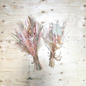 DRIED Set of 2 BLUSH FLORAL Bouquet/15&quot;/Palm Spades/Reed/Dried Pampas/Pampas Bouquet Decor/Boho Pampas/Boho Bouquet/Bunny tail/Larkspur