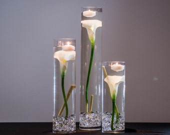 Submersible White Calla Lily  Floral Wedding Centerpiece with Floating Candles and Acrylic Crystals Kit