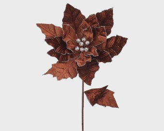24" Brown Velvet Glitter Edge Poinsettia/Holiday Decor/Christmas Decor/Poinsettia Picks/Poinsettia Flowers/Poinsettias/Wedding