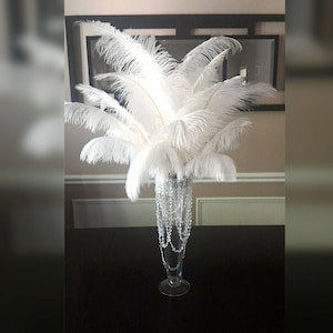 White Ostrich Feather Centerpiece  20" Trumpet Vase/With Crystal Bling/ Great Gatsby/Hollywood Glam/Roaring 20's/Flapper/ Tall Centerpiece