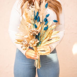 Dried Blue and Gold Palm Sun Floral Bouquet/25&quot;/Palm Spades/Reed/Dried Pampas/Pampas Bouquet Decor/Boho Pampas/Boho Bouquet/Bunny tail/