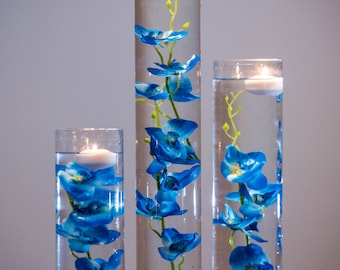 Submersible Blue/Purple/Pink/White/White with purple/Yellow Orchids Floral Wedding Centerpiece with Floating Candles and Acrylic Crystal Kit