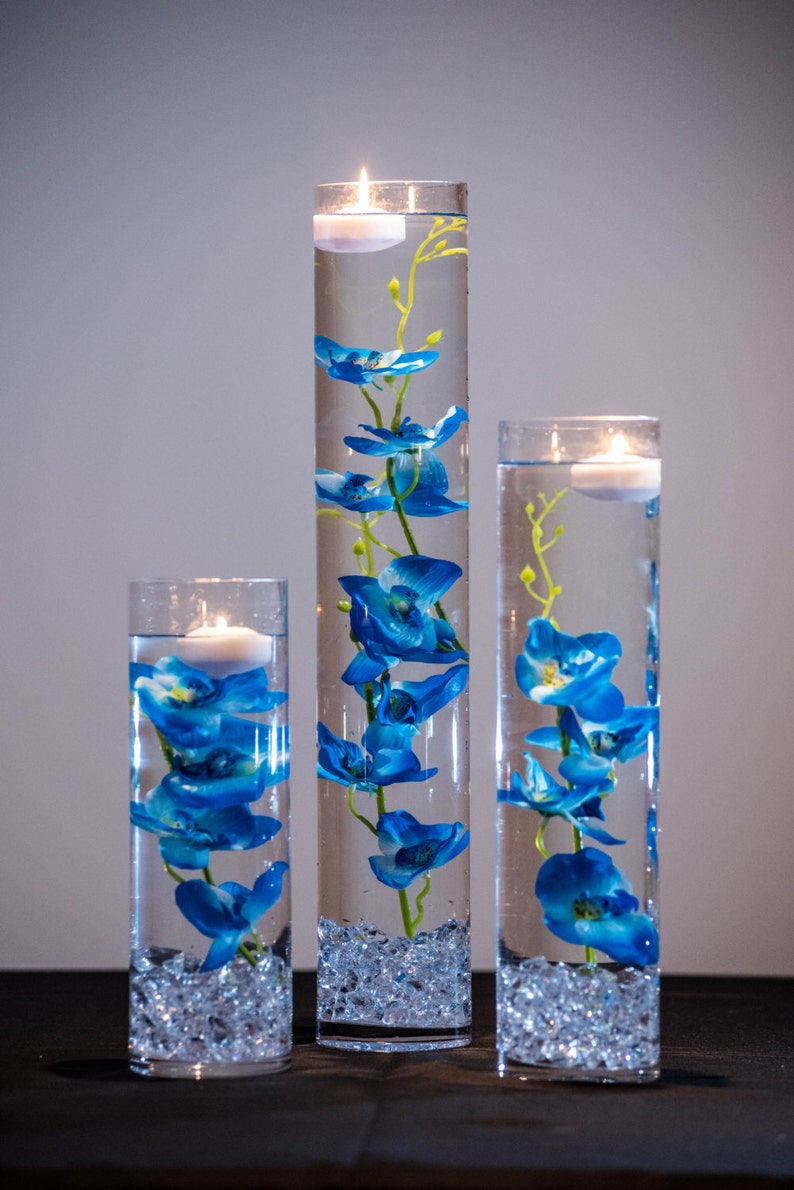 Submersible Blue/Purple/Pink/White/White with purple/Yellow Orchids Floral Wedding Centerpiece with Floating Candles and Acrylic Crystal Kit image 1